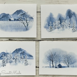 Winter Cards - 8 Blank Winter Scenery Cards - Watercolor Snowy Landscape Cards - Blank Cards - Winter Tree Cards - Landscape Notecards