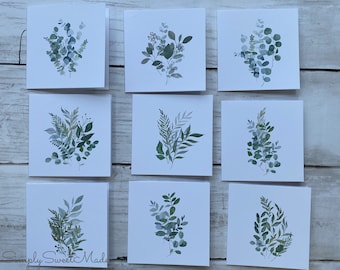 Mini Cards - 18 Florals Botanical Blank Note Cards - Watercolor Eucalyptus Mini Cards - 3x3 Cards with envelopes - Blank Card