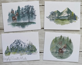 Watercolor Forest Mountain Landscape All Occasions Greeting Cards - Set with 8