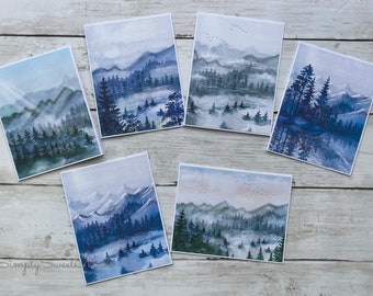 Watercolor Forest Cards - 6 Blank Mountain Forest Cards - Watercolor Landscape Cards - Blank Cards  - Landscape Notecards