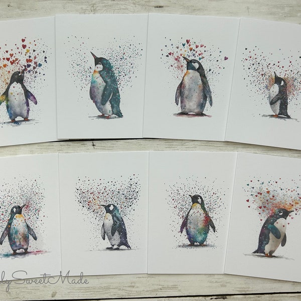 Penguin Cards - 8 Adorable Penguins Cards - Penguins Blank Notecards - Blank Cards Set - Blank Cards