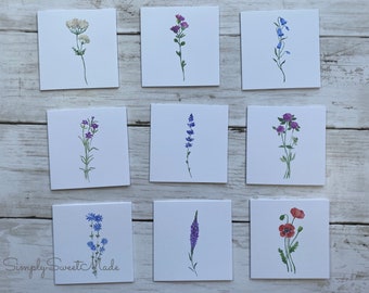 Mini Cards - 18 Florals Mini Blank Note Cards - Watercolor Wildflowers  Mini Cards - 3x3 Cards with envelopes - blank card