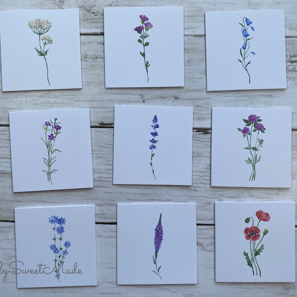 Mini Cards - 18 Florals Mini Blank Note Cards - Watercolor Wildflowers  Mini Cards - 3x3 Cards with envelopes - blank card