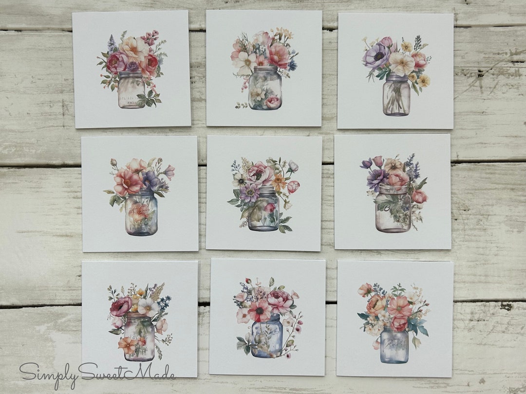 Watercolor Floral Mason Jar Mini Cards: Handmade Blank Notecard Set - Etsy
