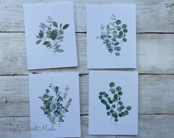 Greenery Cards - 8 Blank Botanical Cards - Watercolor Eucalyptus Cards - Blank Cards - Leafy Cards - Greenery Notecards - Leaf Cards