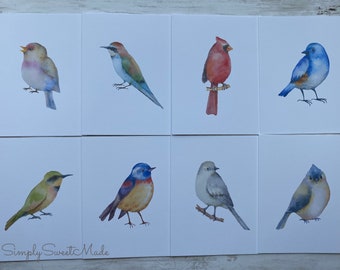 Bird Watercolor Cards Set - 8 Watercolor Birds Notecards - Watercolor Birds Blank Cards - Assorted Birds Greeting Cards - Blank Card