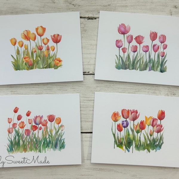 Tulip Cards - 8 Watercolor Tulips Blank Notecards - Spring Tulips Cards - Blank Greeting Cards Set - Blank Card