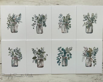 Greenery Cards - 8 Blank Botanical Cards - Watercolor Eucalyptus Cards - Blank Cards - Leafy Cards - Greenery Mason Jar Notecards
