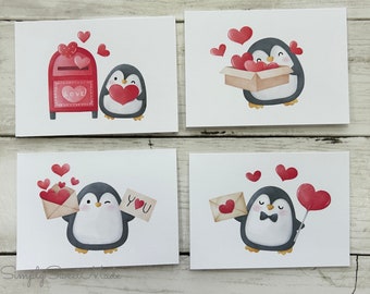 Penguin Cards - 8 Blank Penguin Love Cards - Valentine's Day Blank Cards - Hearts Cards - Love Notecards - Hearts Greeting Cards Set