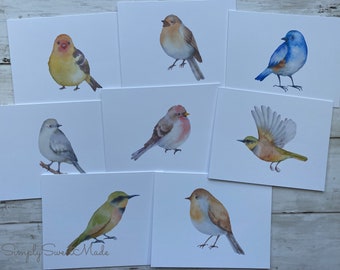 Birds Cards - 8 Watercolor Birds Notecards - Watercolor Birds Blank Cards - Assorted Birds Greeting Cards - Blank Card