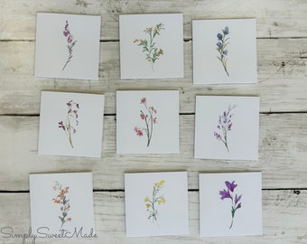 Wildflower Mini Notecards: Set with 18 Watercolor Floral Blank 3x3 Mini Cards