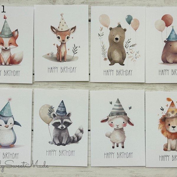 Birthday Cards - 8 Woodland Animals Birthday Cards - Adorable Party Animals Birthday Cards - Blank Birthday Cards Set - Blank Cards