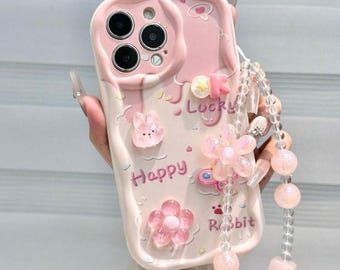 Cute Bunny iPhone Case with Beaded Strap, Pink Kawaii Phone Case, iPhone 17 16 15 14 13 12 11 Pro Max Plus