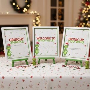 Ten Merry Grinchmas Table Signs, Size 8x10", Bundle of Christmas Sings, First Birthday Party, Canva Instant, Digital Download | C012