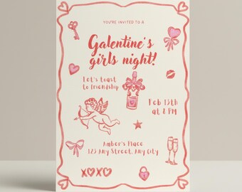Galentine's Girls Night uitnodiging, Girls Night uitnodiging, beige en roze Valentijn sjabloon, afdrukbare Valentijnsdag kaart, Instant Download