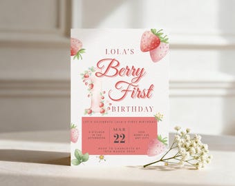One Berry 1st Birthday Invitation, Strawberry First Birthday Invite, Strawberry Birthday Template, Kids Party, Instant Download | C014