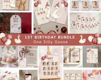 Silly Goose の 1 歳の誕生日プレゼント、24 種類の編集可能な Canva テンプレート、クリスマスパーティー招待状、マイルストーン、サイン、タグなど | C008