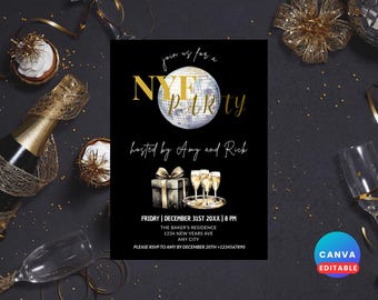 May include: Black New Year's Eve party invitation with gold text and a disco ball graphic. The invitation includes details like the date, time, and location. Champagne, cupcakes, and decorations surround the invitation.