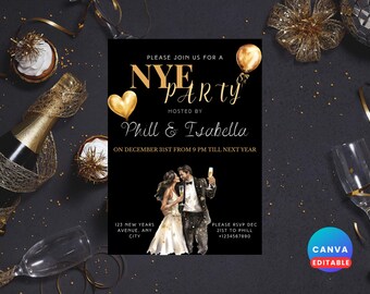 May include: A black and gold New Year's Eve party invitation. The invitation features gold text that reads "NYE Party" and includes the names Phill & Isabella. The invitation also includes a watercolour illustration of a couple toasting champagne.
