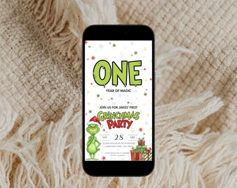 First Grinchmas Birthday Invitation Digital Version Included, One Grinchmas Party Invite, Customize with Canva, Instant Download | C012