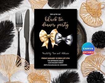 Black Tie Dinner Party Invitation Gold and Silver Bow Tie Formal Event Template Instant Download Elegant Printable Invite | C001