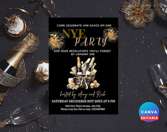 May include: Black New Year's Eve party invitation with gold detailing. The invitation features the text "NYE PARTY" and includes champagne bottles, glasses, and fireworks illustrations. Hosted by Amy and Rick.