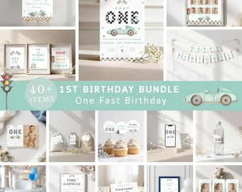 Paquete de cumpleaños rápido, paquete de cumpleaños de carreras, plantillas editables de Canva, primer cumpleaños de niño, decoración e invitaciones imprimibles / C011