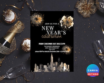 May include: Black New Year's celebration invitation with gold detailing. The invitation features fireworks illustrations, the text "New Year's Celebration", and event details. Includes a cityscape graphic and Canva editable logo.