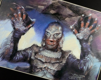 The Creature from the Black Lagoon, print, Gill Man, Haiyan, spooky, Halloween art, matted 16x20