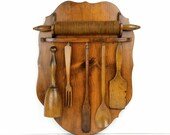 Wood utensil set, rack, grooved rolling pin, pestle, fork, spoon, vintage kitchen, cottage, kitchen display, vintage utensil, wood