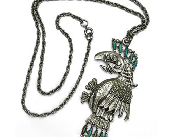 pendant, Aztec, Quetzalcoatl, bird, large, statement, turquoise, silver tone, necklace,