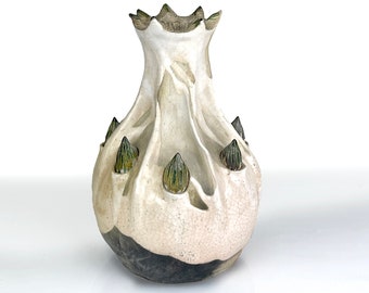 ceramic vessel, vase, raku fired, hand built, textured,cream, green, charcoal,art pottery, raku pottery, organic,hand crafted