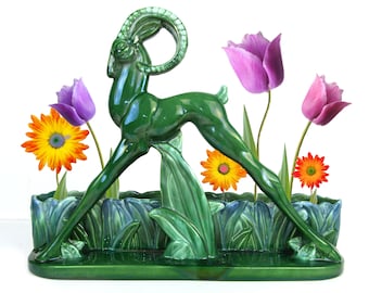 Mid Century, planter, gazelle, Royal Haeger, Chartreuse,green, moss green,ceramic, 1960s,retro,spring green,large, antelope,18", art pottery