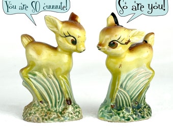 deer salt pepper shakers, Japan, mid century, ceramic, kitsch, vintage kitchen, salt pepper shaker,Bambi and Faline, fawn,