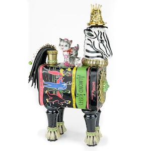 assemblage art, mixed media,zebra, cat, found object, vintage tin, sculpture, one of a kind, original artwork