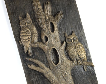 wall hanging, owls, wood carved look, three dimensional, tree, forest owls,