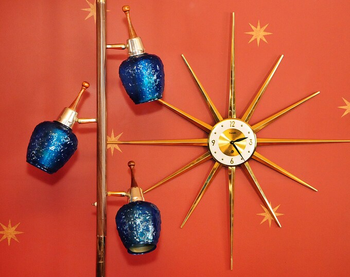 Tension Pole Lamp Glass Shades Mid Century Sapphire Blue Etsy