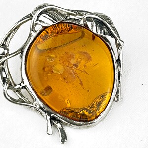 vintage brooch, amber, sterling silver,  hand wrought, vines, leaves, botanical, statement piece