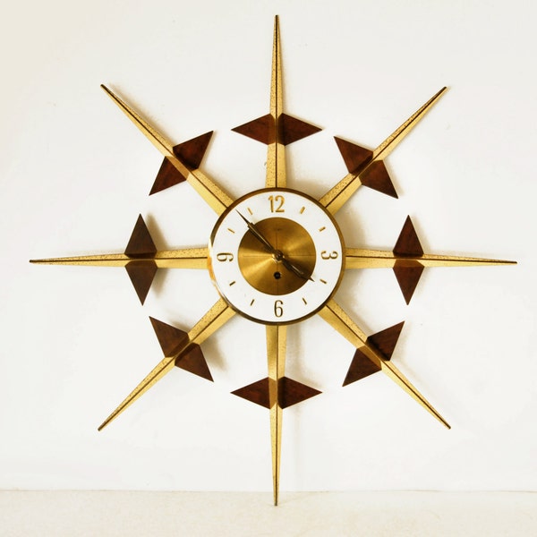 Starburst clock, 24", mid century modern, teak, Welby, Atomic, Eames era, wall clock, original hands, retro, atomic, sunburst, danish modern