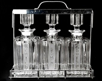 crystal decanter, set of 3, liquor decanter set, crystal, barware, art glass, art deco styled, heavy, chrome caddy