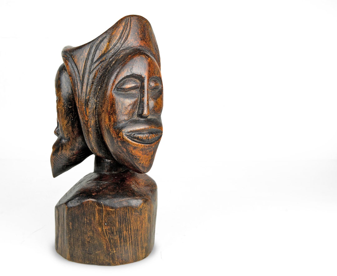 Wood Sculpture, Wood Bust, Jamaica, Triple Bust, Plant Stand, Hand