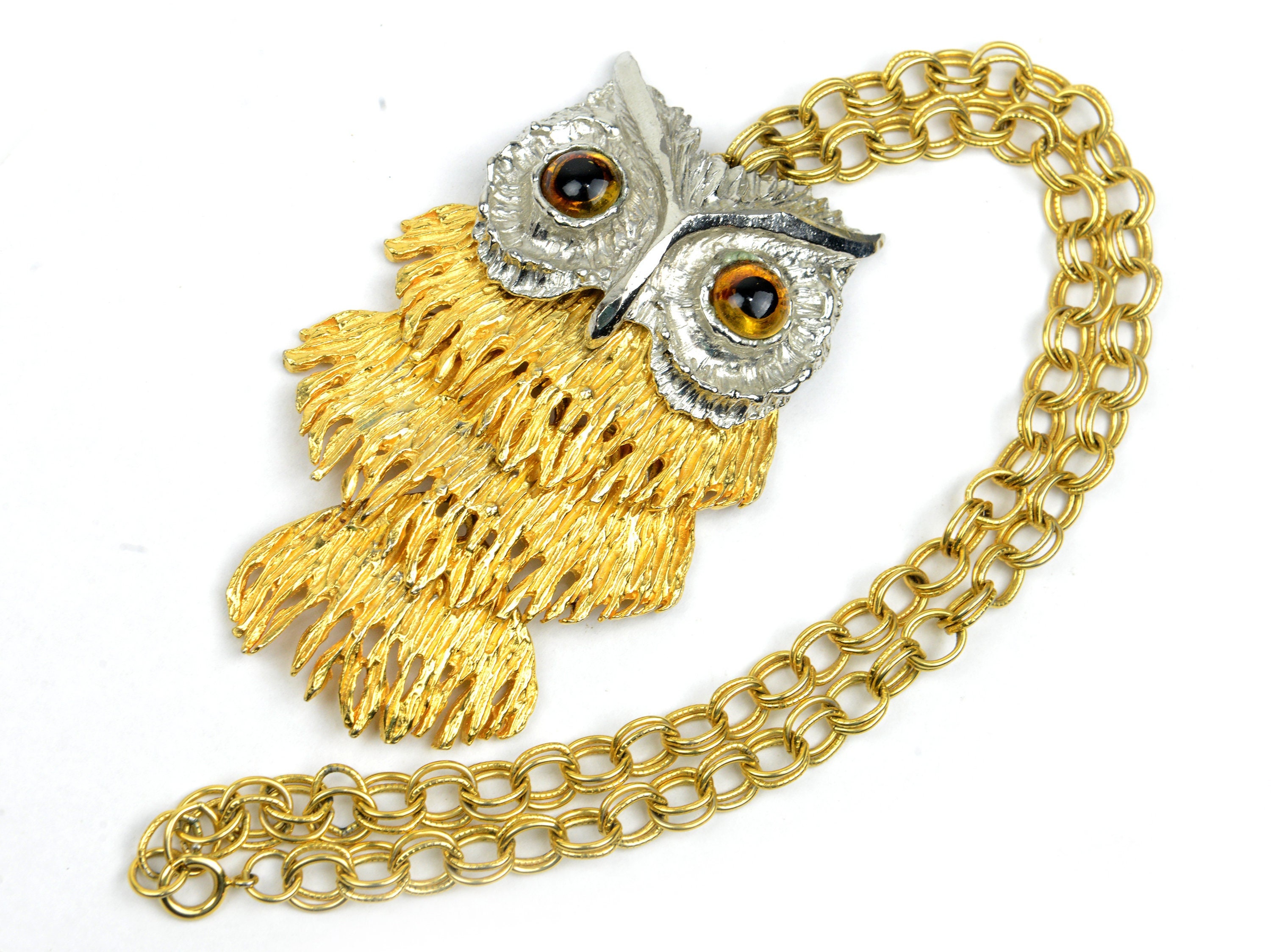 owl, necklace, owl pendant, silver, gold, articulated, three dimensional, mod, Brutalist style, retr