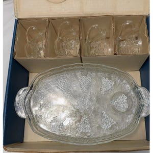 Vintage Anchor Hocking 8 Piece Set Serva-Snack Grape Pattern Clear Glass