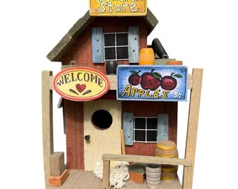 Tienda rústica general, casita para pájaros de madera hecha a mano, arte popular americano, casa de campo