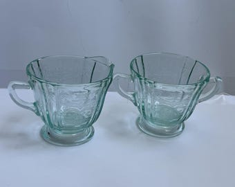 Juego de crema y azúcar Vintage Indiana Glass Federal Madrid Recollection color azul verdoso y aguamarina