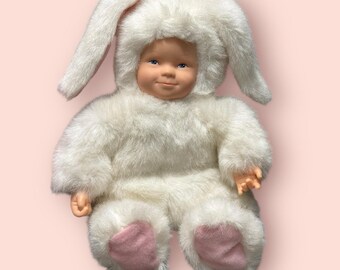 Muñeco de peluche de conejito bebé Anne Geddes, disfraz de conejito blanco, relleno de frijoles