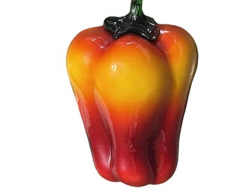 Peperone giallo e rosso in vetro soffiato a mano, stile Murano, vintage italiano, 15 cm (6").
