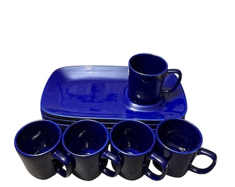 Gibson Everyday Cobalt Blue Snack Tray Mug Set Of 5  Coffee Tea Dessert