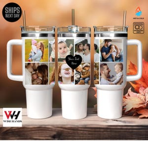 May include: White insulated tumbler with a handle, featuring a collage of family photos. The tumbler has a silver lid, a straw, and the text "Your Text Here" on a black heart. The Wise Hands logo is visible.