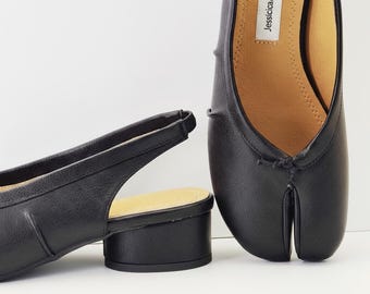 Blockklackade sandaler med splittoe, vintage Mary Janes med splittoe, franska vikbara damskor, sandaler med remmar